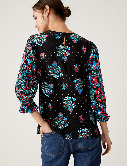 Floral Round Neck 3/4 Sleeve Top