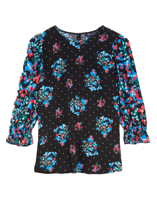 

M&S Collection Top de manga 3/4 floral con cuello redondoWomens - Black Mix, Black Mix