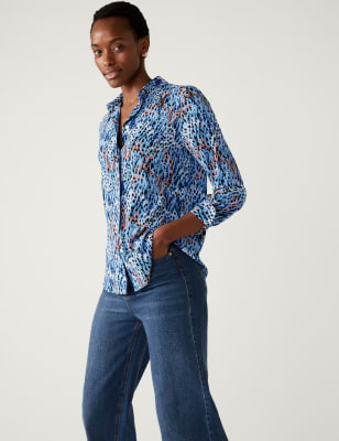 

Womens M&S Collection Printed Collared Long Sleeve Shirt - Blue Mix, Blue Mix