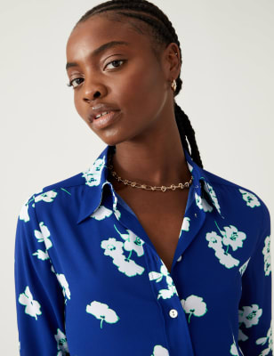 

Womens M&S Collection Printed Collared Long Sleeve Shirt - Dark Blue Mix, Dark Blue Mix