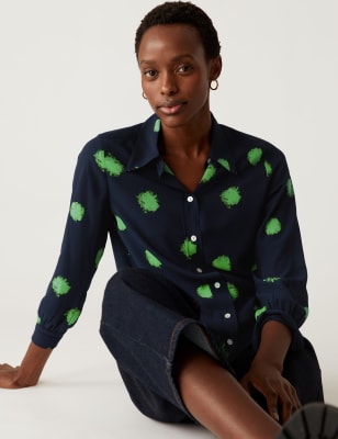 

Womens M&S Collection Gemustertes Langarmhemd mit Kragen - Navy Mix, Navy Mix