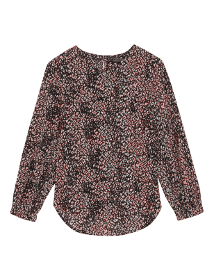 

Womens M&S Collection Gewebtes Oberteil mit Rundhalsausschnitt und Muster - Pink Mix, Pink Mix