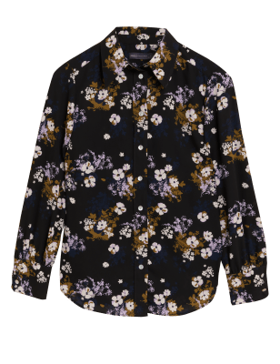 

Womens M&S Collection Langarmhemd mit Blumenmuster und Kragen - Black Mix, Black Mix
