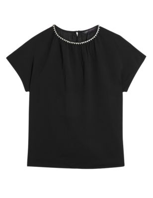 

Womens M&S Collection Embellished Round Neck Short Sleeve Top - Black, Black