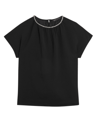 

M&S Collection Top de manga corta con cuello redondo y adornoWomens - Black, Black