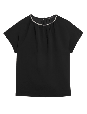 

Womens M&S Collection Embellished Round Neck Short Sleeve Top - Black, Black