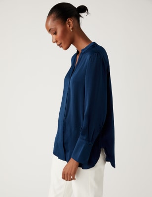 Marks And Spencer Womens M&S Collection V-Neck Long Sleeve Popover Blouse - Navy, Navy