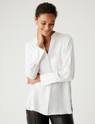

Womens M&S Collection Langärmelige Popver-Bluse mit V-Ausschnitt - Ivory, Ivory