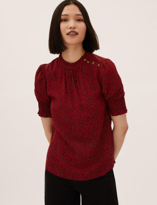 Printed High Neck Short Sleeve Blouse