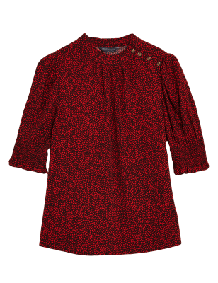 

Womens M&S Collection Gemusterte Kurzarmbluse mit hohem Ausschnitt - Red Mix, Red Mix