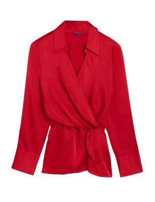 

Womens M&S Collection Satin Collared Wrap Blouse - Scarlet, Scarlet