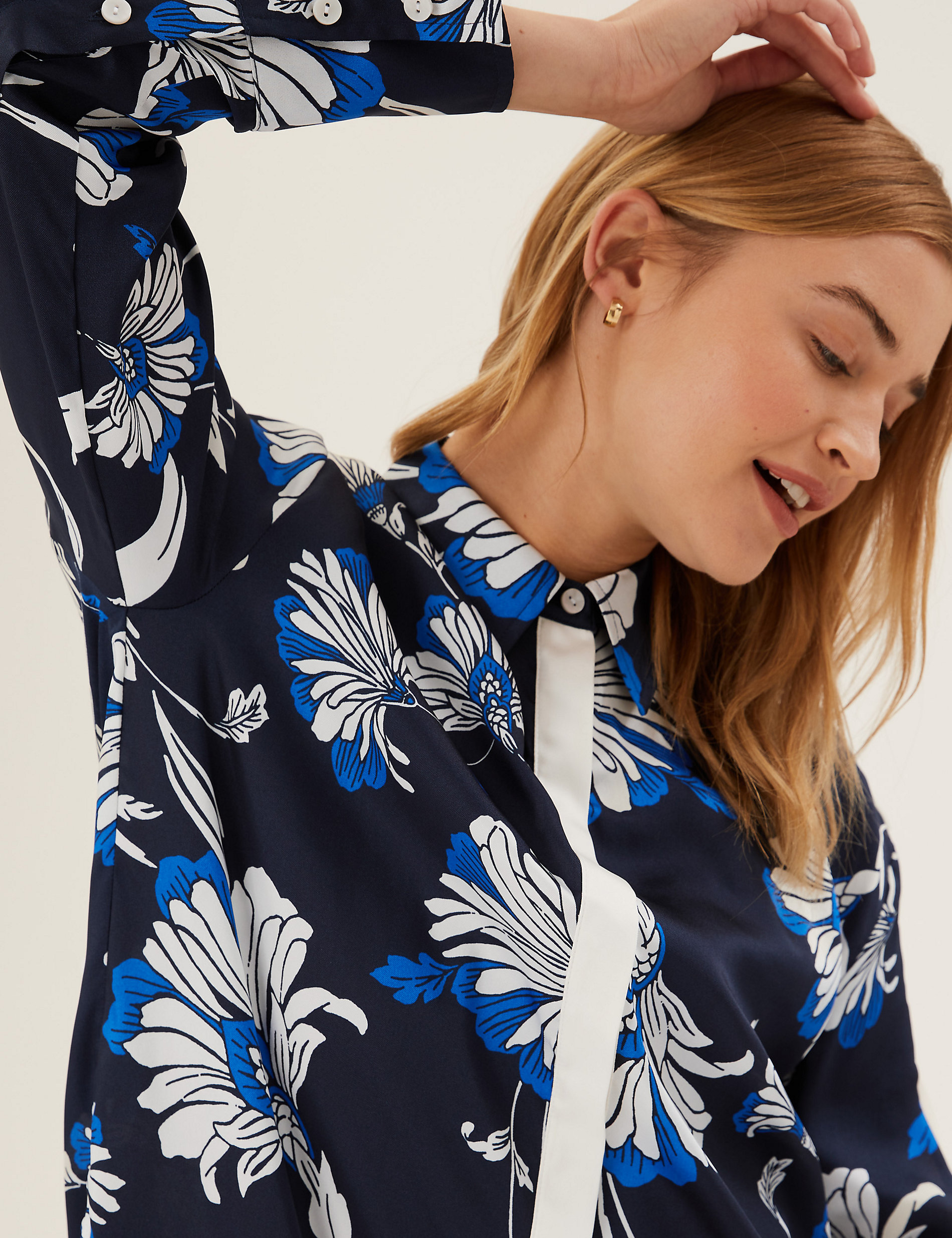 Floral Collared Longline Long Sleeve Shirt