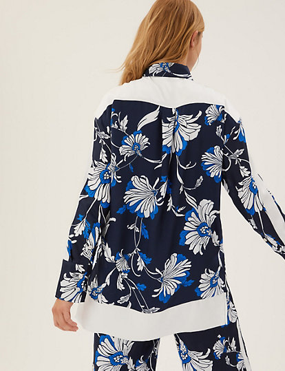Floral Collared Longline Long Sleeve Shirt