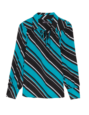 

Womens M&S Collection Gestreifte Popover-Bluse mit Schleifenkragen - Black Mix, Black Mix