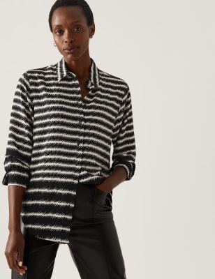 Striped Collared Longline Long Sleeve Shirt