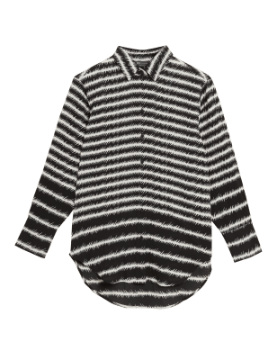 

Womens M&S Collection Lang geschnittenes Langarmhemd mit Kragen und Streifen - Black Mix, Black Mix