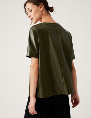 Faux Leather Round Neck Short Sleeve Top