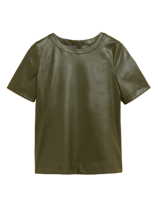 

Womens M&S Collection Faux Leather Round Neck Short Sleeve Top - Dark Khaki, Dark Khaki