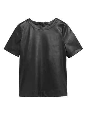 

Womens M&S Collection Kurzarmoberteil aus Kunstleder mit Rundhalsausschnitt - Black, Black