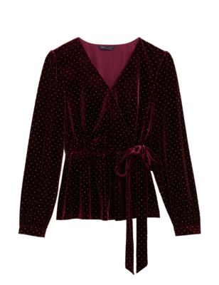 Womens M&S Collection Velvet Studded V-Neck Wrap Top - Dark Burgundy