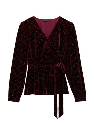 

M&S Collection Top cruzado de escote en pico de terciopelo con tachuelasWomens - Dark Burgundy, Dark Burgundy
