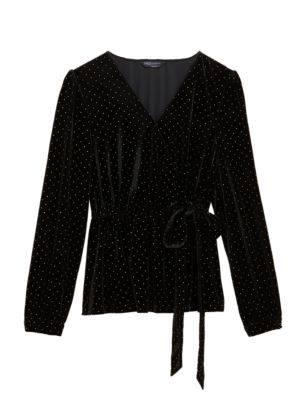 Womens M&S Collection Velvet Studded V-Neck Wrap Top - Black