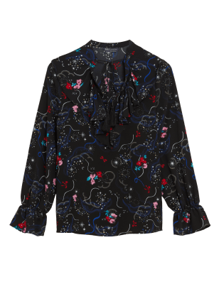

Womens M&S Collection Bluse mit V-Ausschnitt, Volant und Blumenmuster - Black Mix, Black Mix