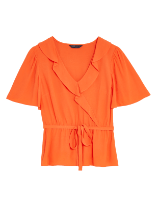 

Womens M&S Collection Frill Neck Angel Sleeve Wrap Top - Orange, Orange