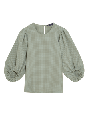 

Womens M&S Collection Checked 3/4 Sleeve Top - Khaki, Khaki