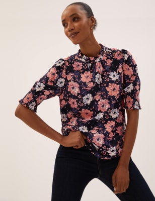 Floral High Neck Short Sleeve Blouse