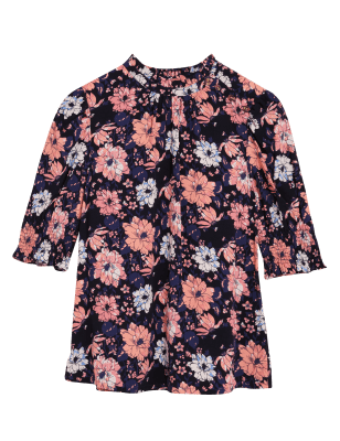 

Womens M&S Collection Geblümte Kurzarmbluse mit hohem Ausschnitt - Pink Mix, Pink Mix