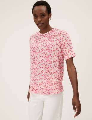 

Womens M&S Collection Printed Round Neck Short Sleeve Top - Pink Mix, Pink Mix