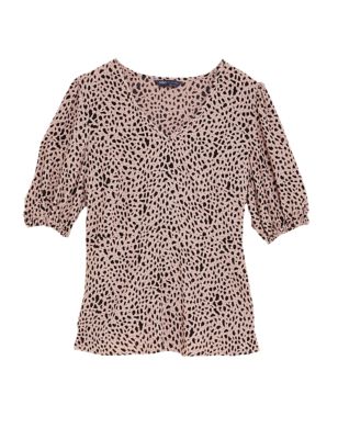 Womens M&S Collection Animal Print V-Neck Puff Sleeve Top - Beige Mix