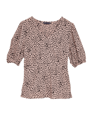 

M&S Collection Top de manga abullonada de escote en pico con estampado animalWomens - Beige Mix, Beige Mix
