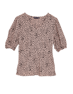 Womens M&S Collection Animal Print V-Neck Puff Sleeve Top - Beige Mix