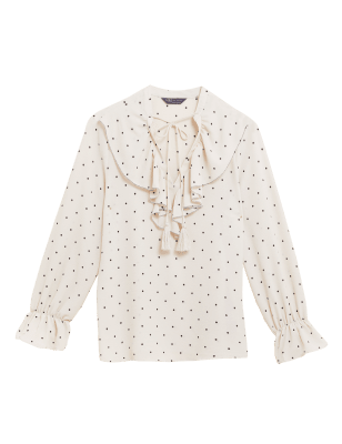 

Womens M&S Collection Polka Dot V-Neck Frill Detail Blouse - Ivory Mix, Ivory Mix