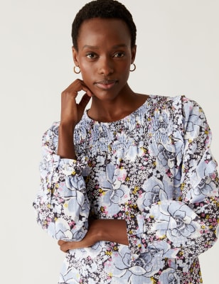 

M&S Collection Blusa floral fruncida con cuello redondoWomens - Multi, Multi