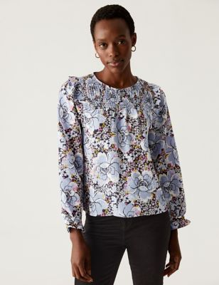 Floral Round Neck Shirred Blouse