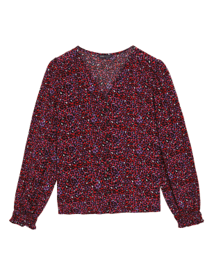 

Womens M&S Collection Bedruckte Langarmbluse mit V-Ausschnitt - Red Mix, Red Mix