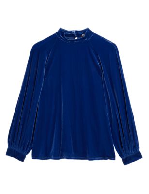 Womens M&S Collection Velvet High Neck Blouson Sleeve Blouse - Dark Blue