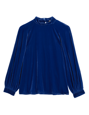 

Womens M&S Collection Velvet High Neck Blouson Sleeve Blouse - Dark Blue, Dark Blue