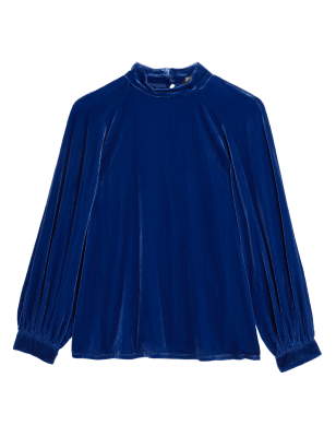 Womens M&S Collection Velvet High Neck Blouson Sleeve Blouse - Dark Blue