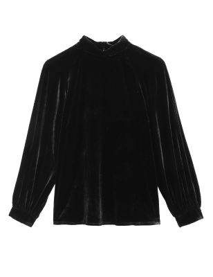 

Womens M&S Collection Velvet High Neck Blouson Sleeve Blouse - Black, Black