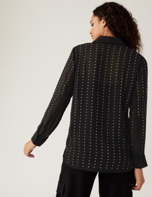 Sheer Studded Collared Long Sleeve Shirt