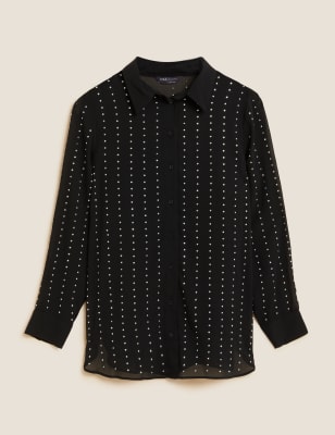 Sheer Studded Collared Long Sleeve Shirt
