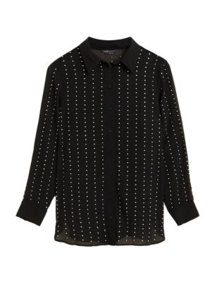 

Womens M&S Collection Sheer Studded Collared Long Sleeve Shirt - Black, Black
