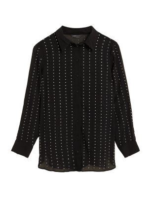 

Womens M&S Collection Sheer Studded Collared Long Sleeve Shirt - Black, Black