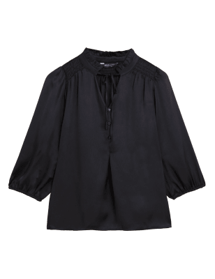 

Womens M&S Collection Tie Neck Frill Detail 3/4 Sleeve Blouse - Navy, Navy