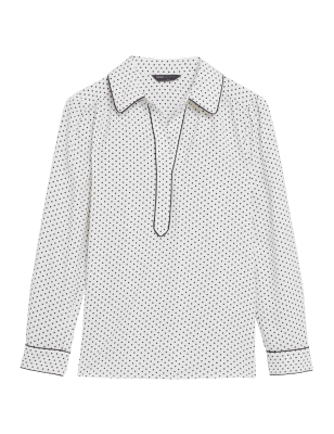 

Womens M&S Collection Polka Dot Collared Long Sleeve Blouse - White Mix, White Mix
