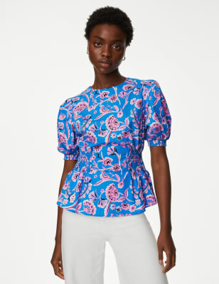 

M&S Collection Blusa 100% algodón de manga abullonada estampadaWomens - Blue Mix, Blue Mix